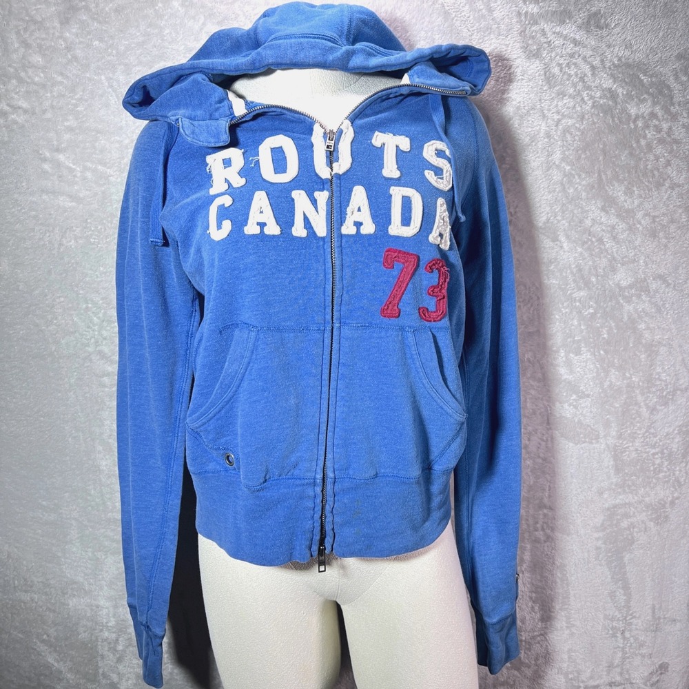Roots Canada Blue Full Zip Hoodie Sweatshirt Womens Medium Spellout Graphic Y2K